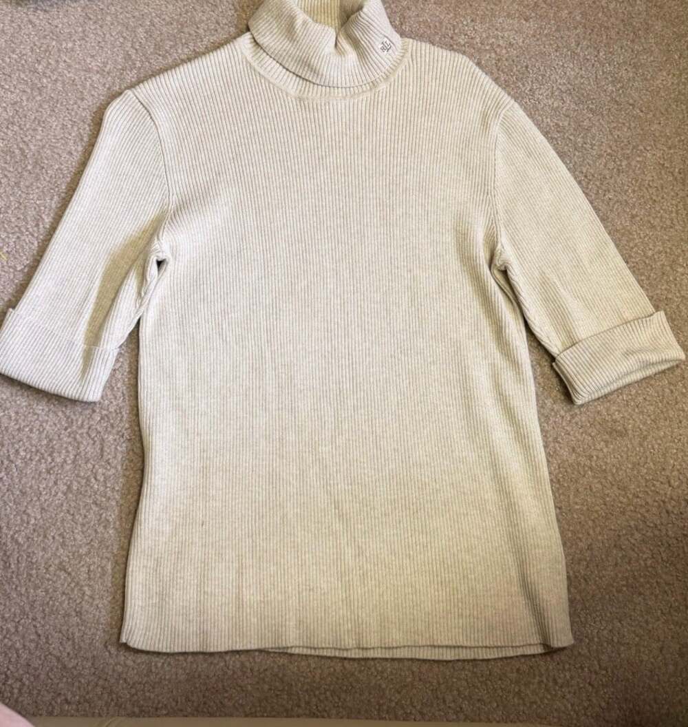 Lauren Ralph Lauren Womens L Ribbed Turtleneck Sweater Tan 3/4 Sleeves 90’s
